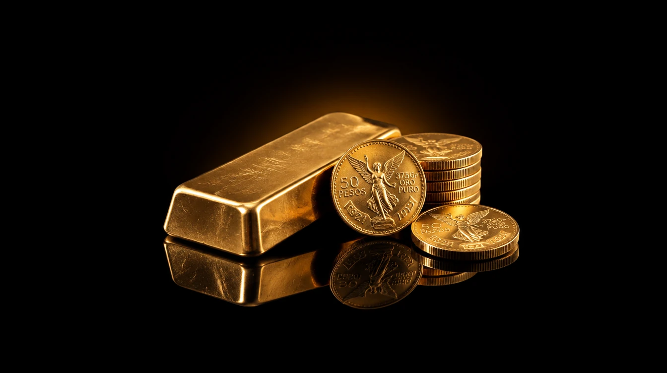 Lingote de oro junto a centenarios de 50 pesos